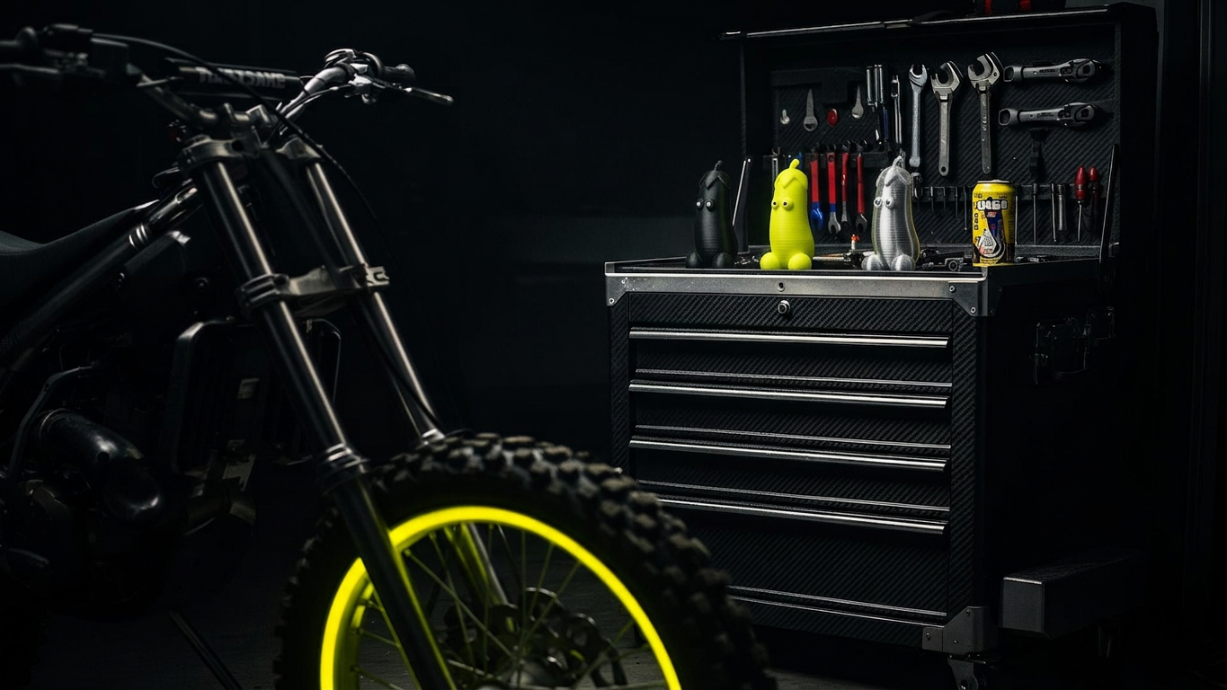 Tiny peen hidden in a dark garage with a dirt bike and tool chest